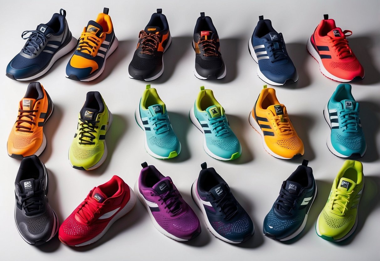 A collection of 10 different sports shoes arranged in a circle, each
with a unique design and color. The shoes are placed on a clean, white
background with bright lighting to highlight their
details