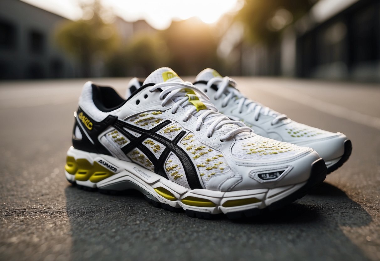 A pair of Asics Gel-Kayano 10 shoes placed on a clean, white surface
with interesting sport shoe facts written around them in a modern, sleek
font