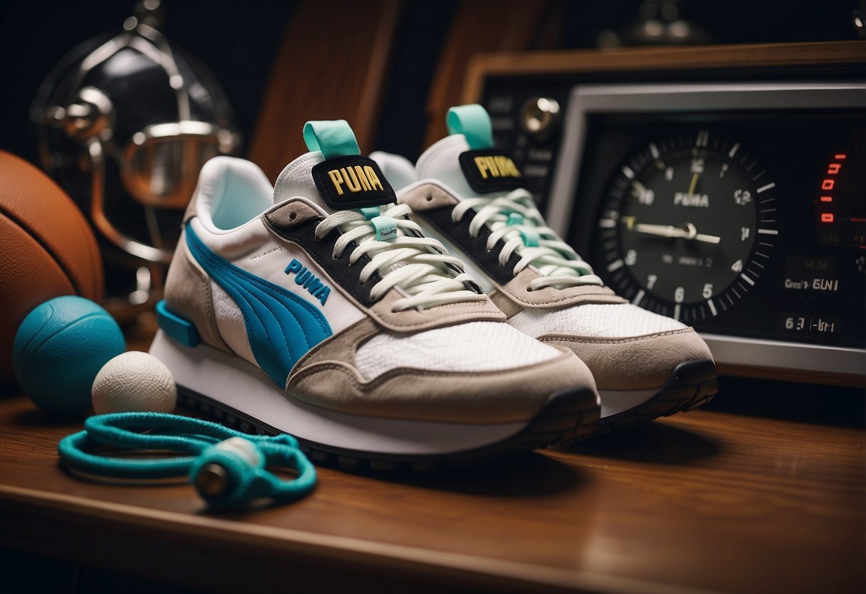 A pair of Puma Future Rider sneakers surrounded by sports equipment
and a stopwatch, with the number “10” prominently
displayed