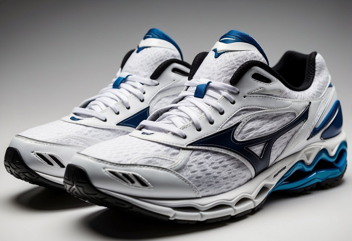 A pair of Mizuno Wave Rider 10 sport shoes displayed on a clean, white
surface. The shoes are positioned at a slight angle to showcase their
sleek design and advanced
technology