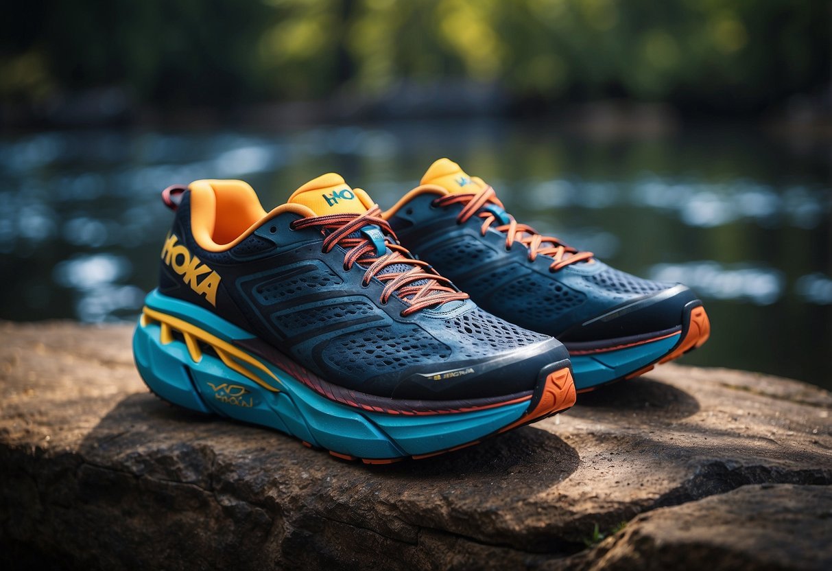 A pair of Hoka One One Clifton 10 shoes, with interesting sport shoe
facts displayed around
them