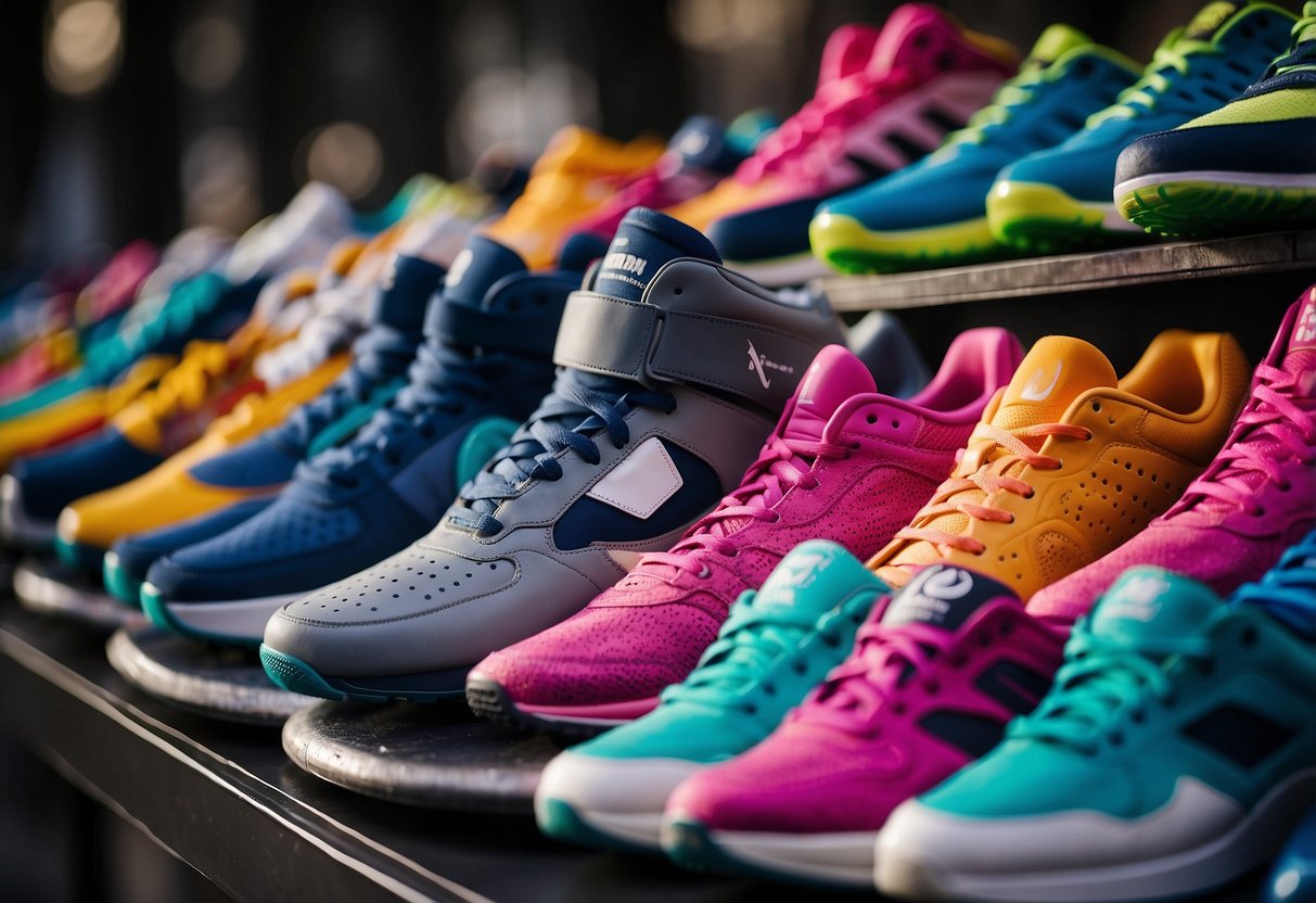 A pile of colorful sports shoes arranged in a neat row with a
“Frequently Asked Questions: 10 Interesting Facts About Sports Shoes”
displayed on a nearby
sign