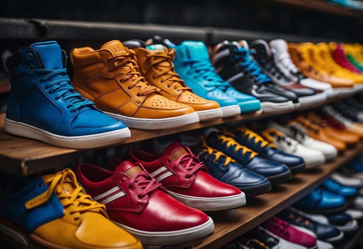 A colorful array of sports shoes lined up in a row, each pair
showcasing unique designs and features. The shoes are arranged in a
dynamic and eye-catching display, ready for
action