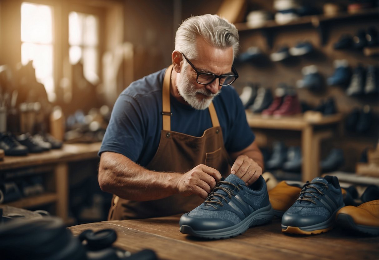 A shoemaker creates the first sports shoes in his workshop. 10 fun
facts about sports shoes are displayed around the
room