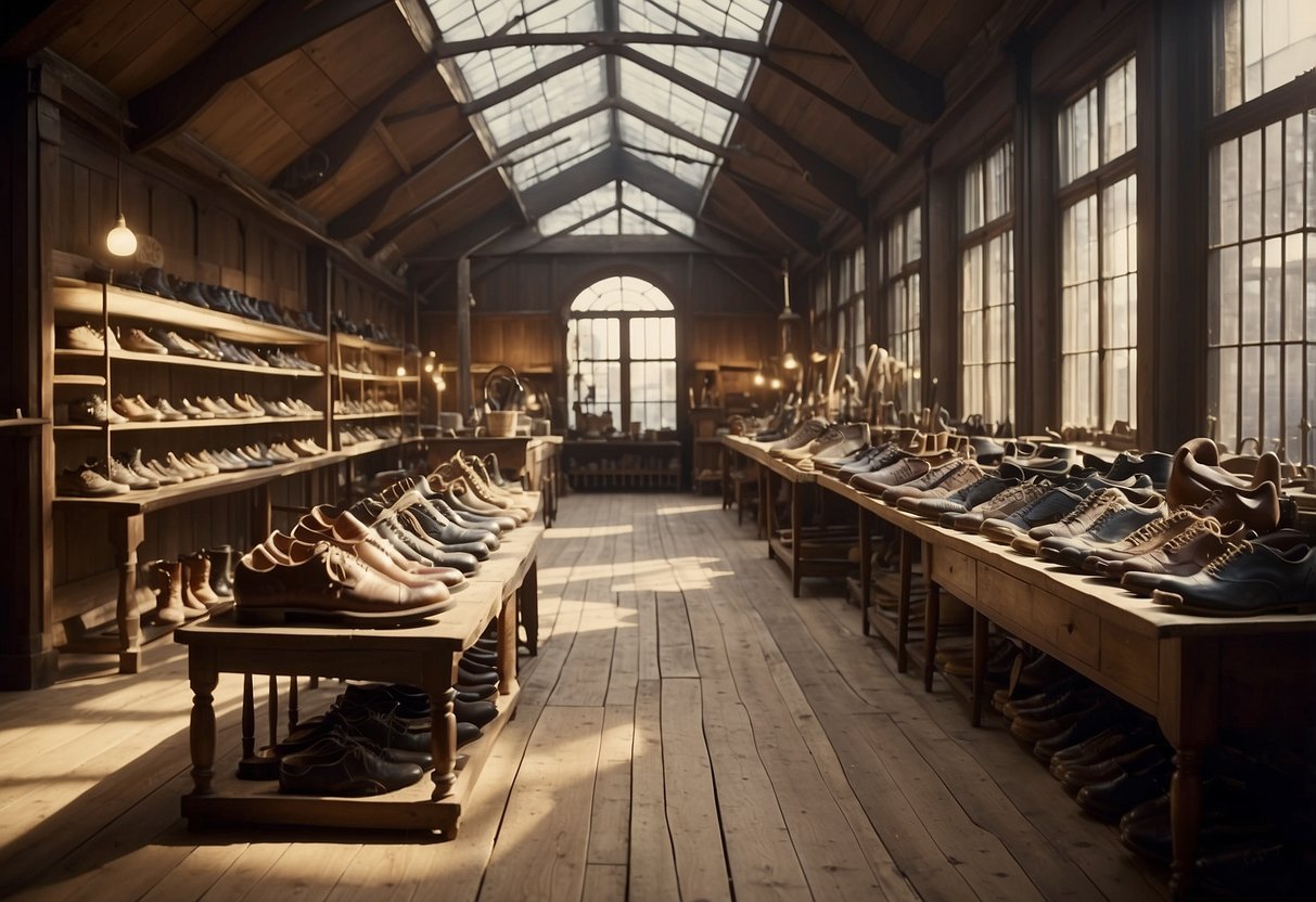 A historical shoe workshop in 1895 with the name “J.W. Foster and
Sons.” An array of vintage sports shoes on display, showcasing the
evolution of athletic
footwear