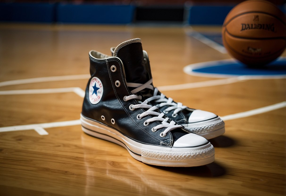 A pair of Converse All Stars sits on a basketball court, surrounded by
basketballs and a scoreboard. The shoes are the center of attention,
symbolizing their status as the best-selling basketball shoes of all
time