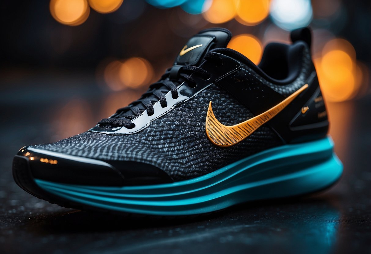 A sleek, futuristic running shoe with a visible carbon fiber plate,
bearing the iconic Nike swoosh logo. Bright, dynamic colors and a sense
of speed and
innovation