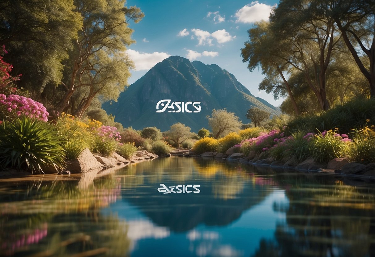 A serene landscape with the word “Asics” etched in Latin, surrounded
by vibrant colors and symbols of health and
vitality