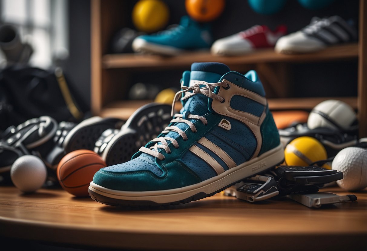 A pile of sports shoes surrounded by various materials and
technologies, with a playful and cheerful
atmosphere