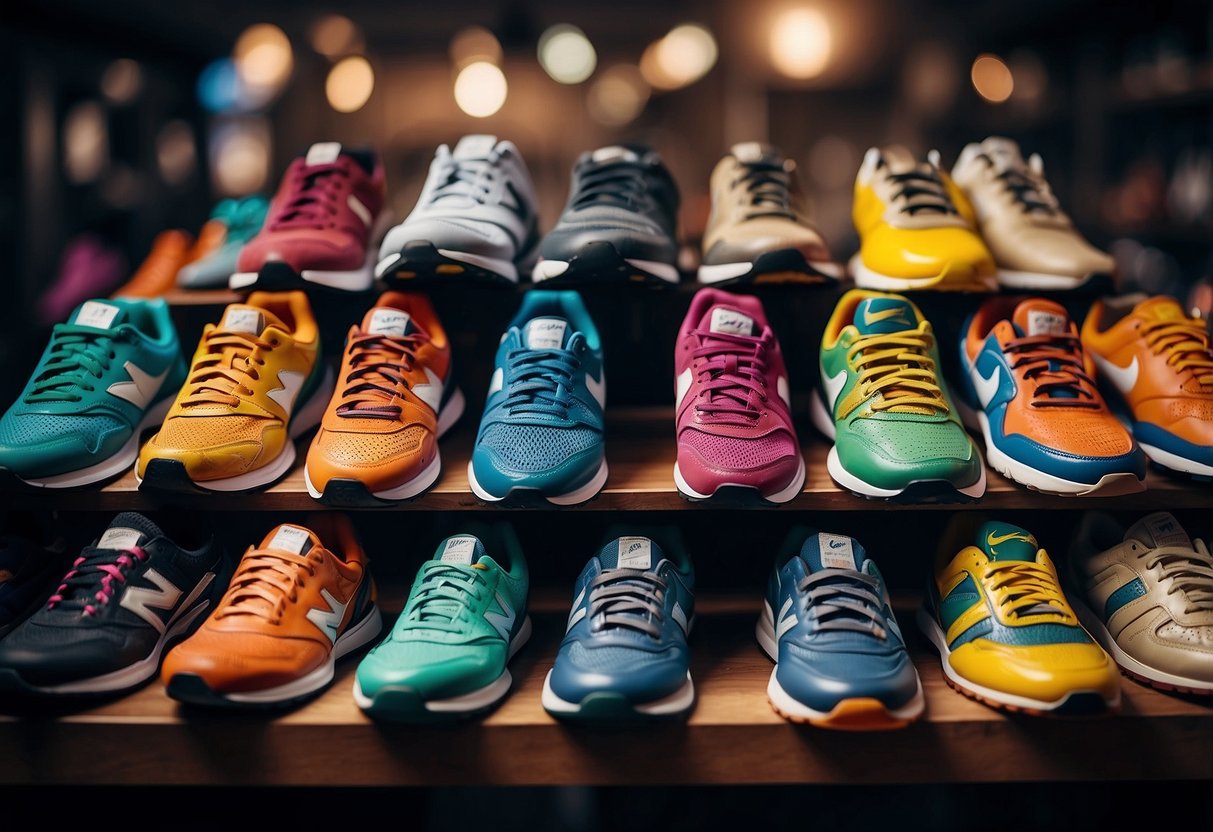 A colorful array of sports shoes, from vintage to modern, arranged in
a timeline. Each pair showcases the evolution and innovation of athletic
footwear