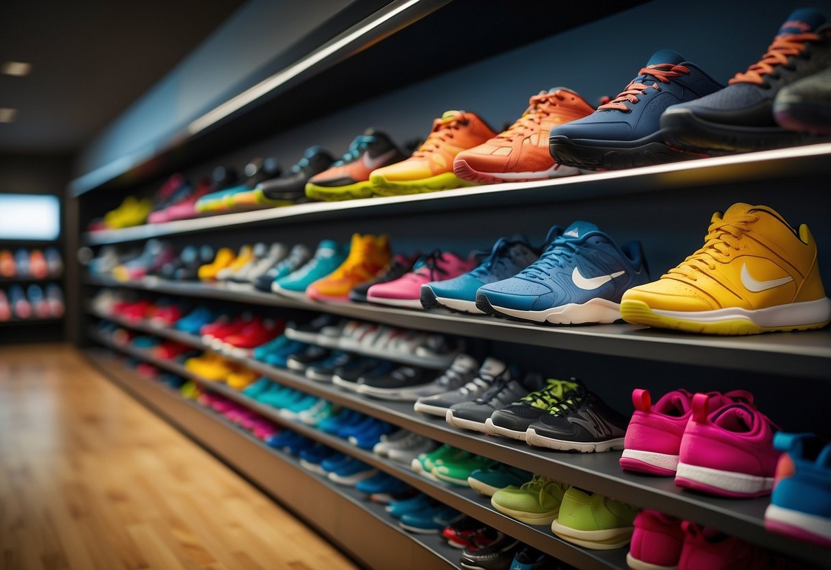 A colorful array of sports shoes lined up on shelves, with various
designs and sizes, ready to bring a smile to any athlete’s
face