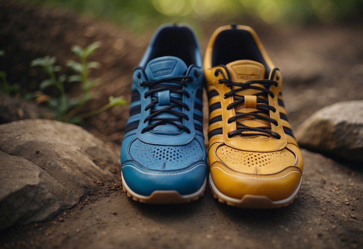 A pair of barefoot shoes next to traditional sports shoes,
highlighting the differences in design and
technology