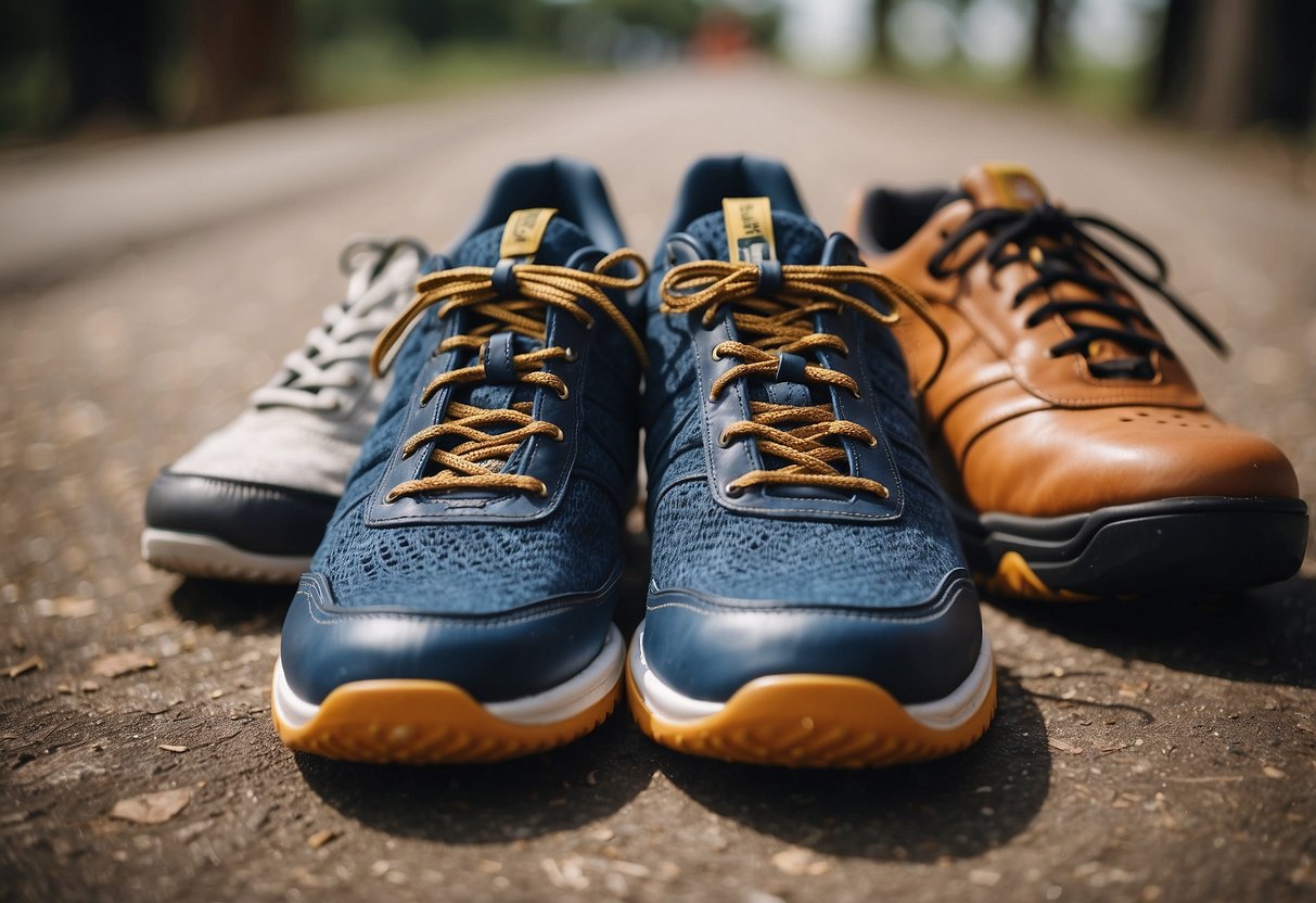 A pair of barefoot shoes next to a pair of traditional sports shoes,
with a list of advantages and disadvantages written next to
each