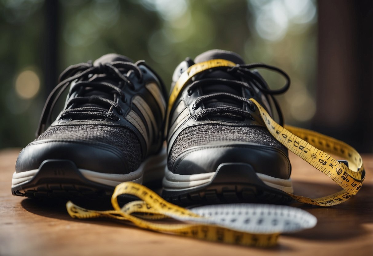 A pair of wide sports shoes displayed next to a measuring tape and a
list of recommendations and tips for people with wider
feet