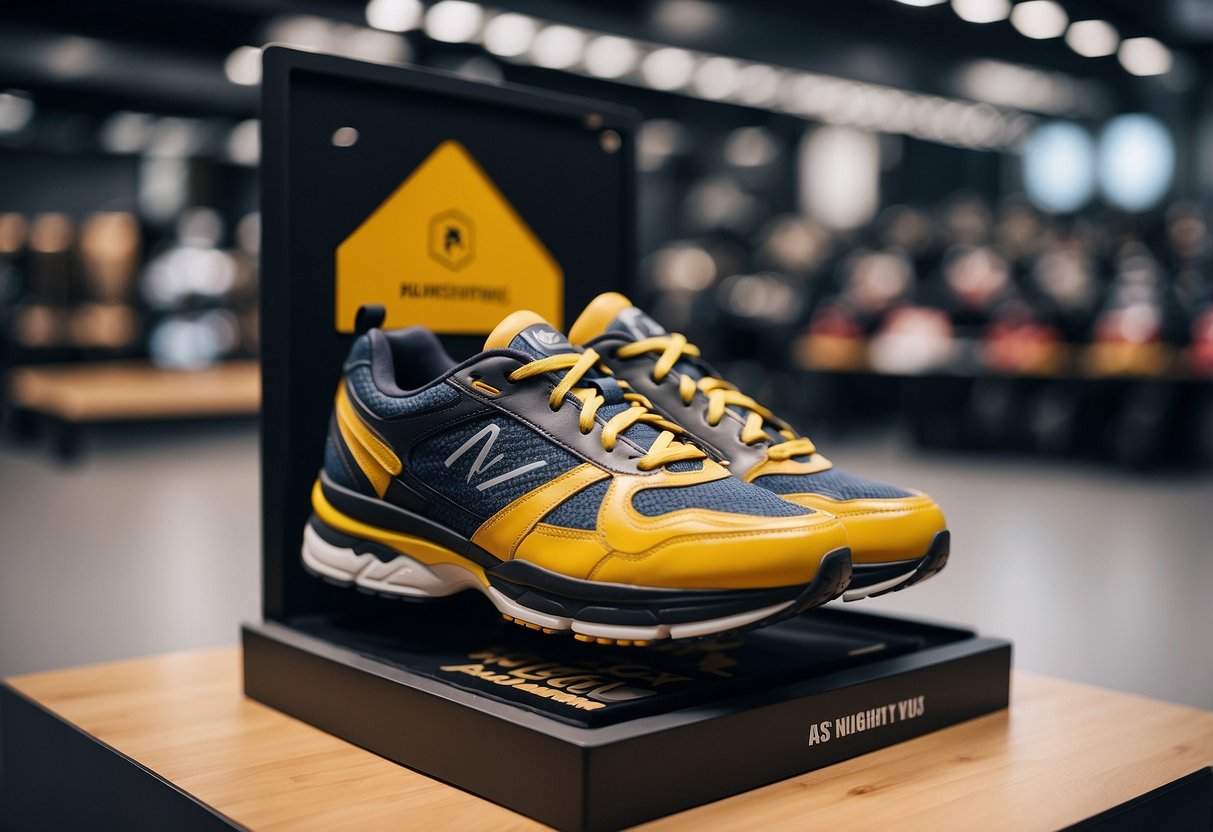 A pair of wide sports shoes on a display stand, with labels
highlighting their suitability for wide
feet