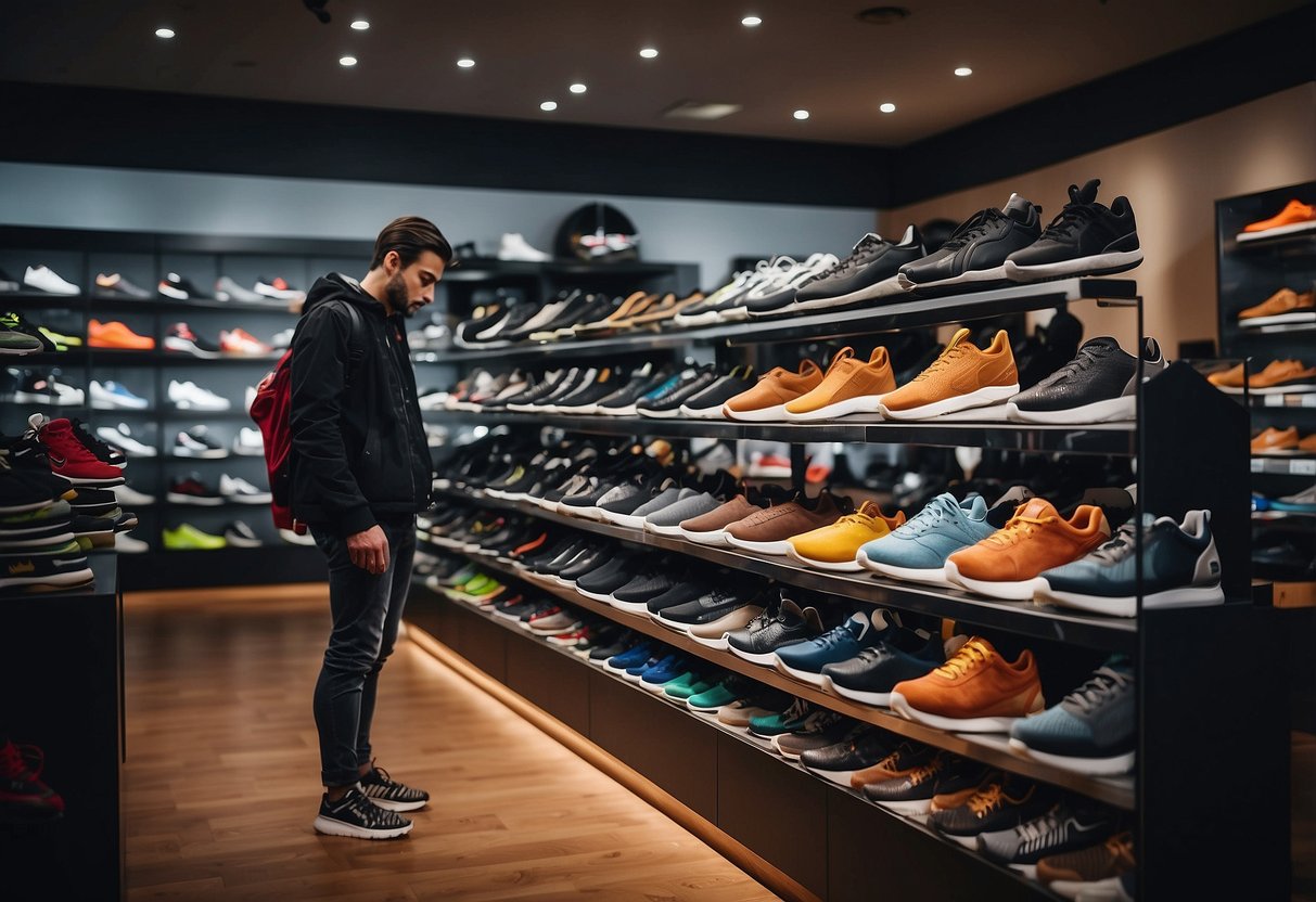 A person browsing through a variety of sports shoes in a store,
comparing different styles and sizes, while reading recommendations for
those with wider
feet