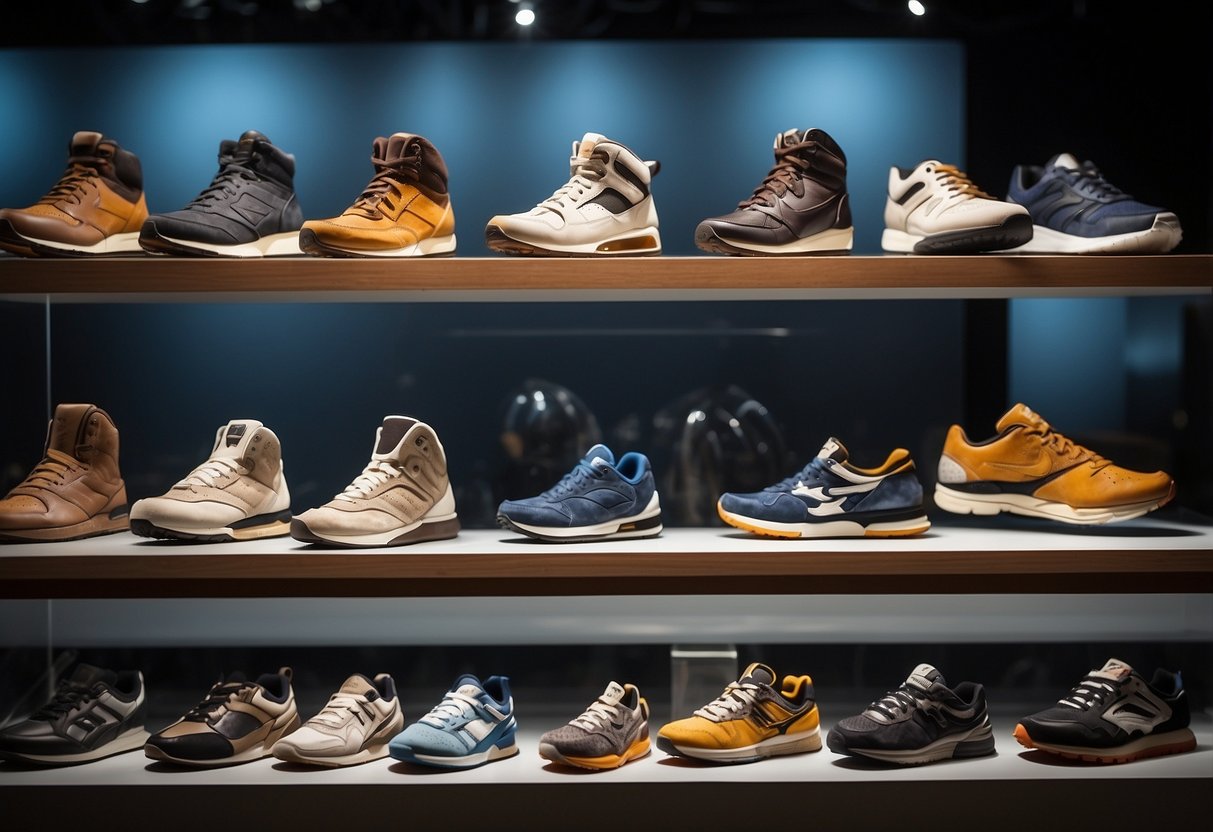 A timeline of sports shoes, from early designs to modern iterations,
displayed in a museum
exhibit