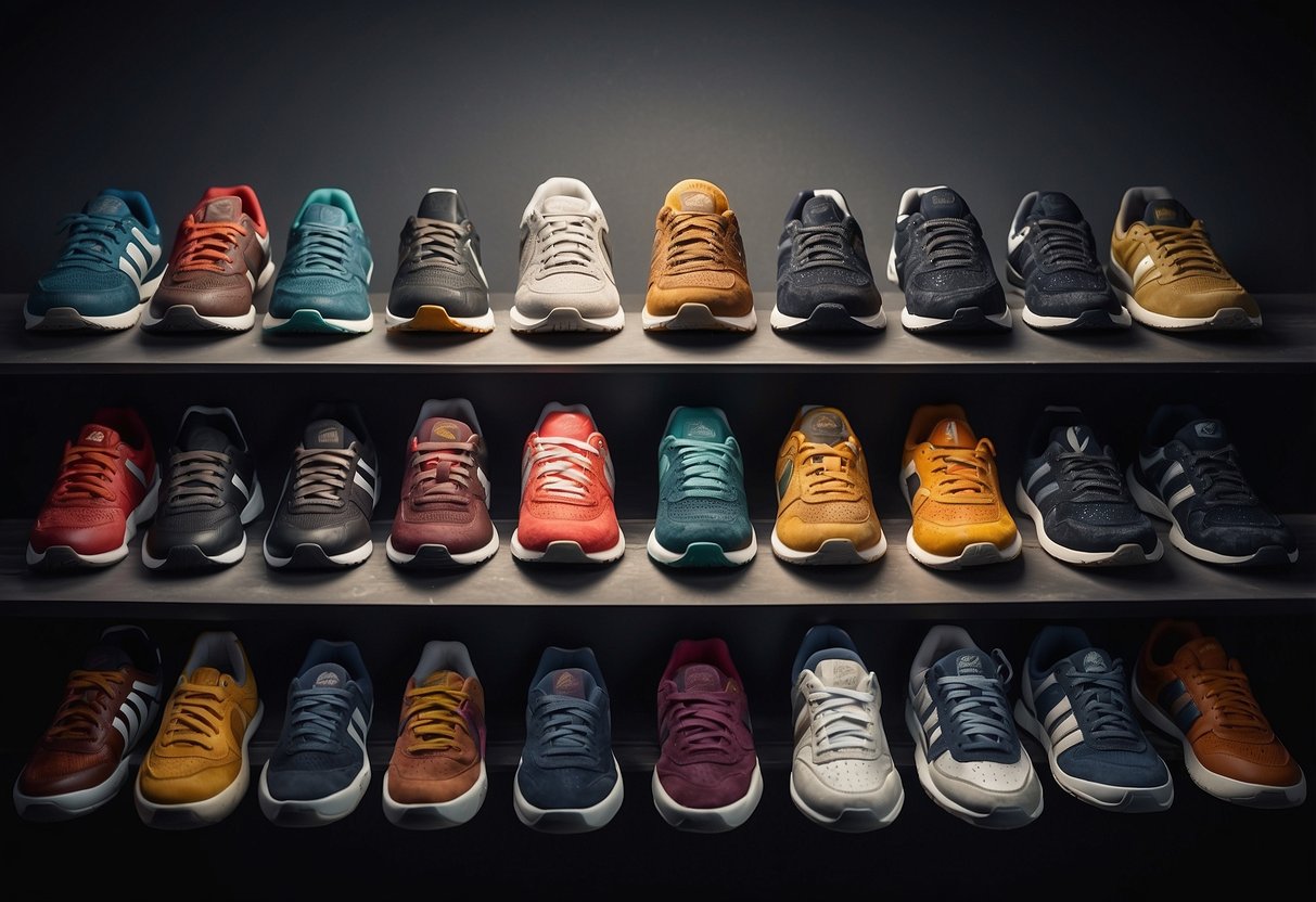 A timeline of sports shoes, from early designs to modern technology,
displayed on a wall with accompanying text and
illustrations