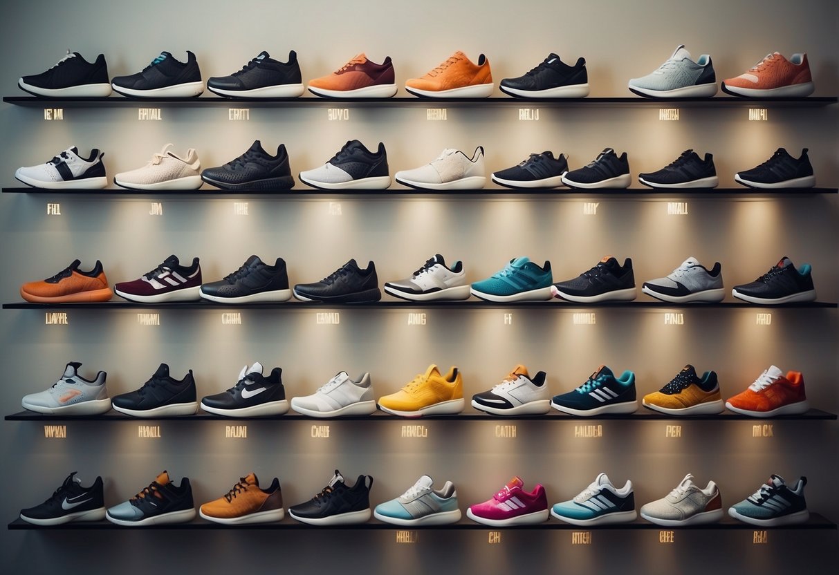 A timeline of sports shoes, from early beginnings to modern styles,
displayed on a wall with accompanying
text