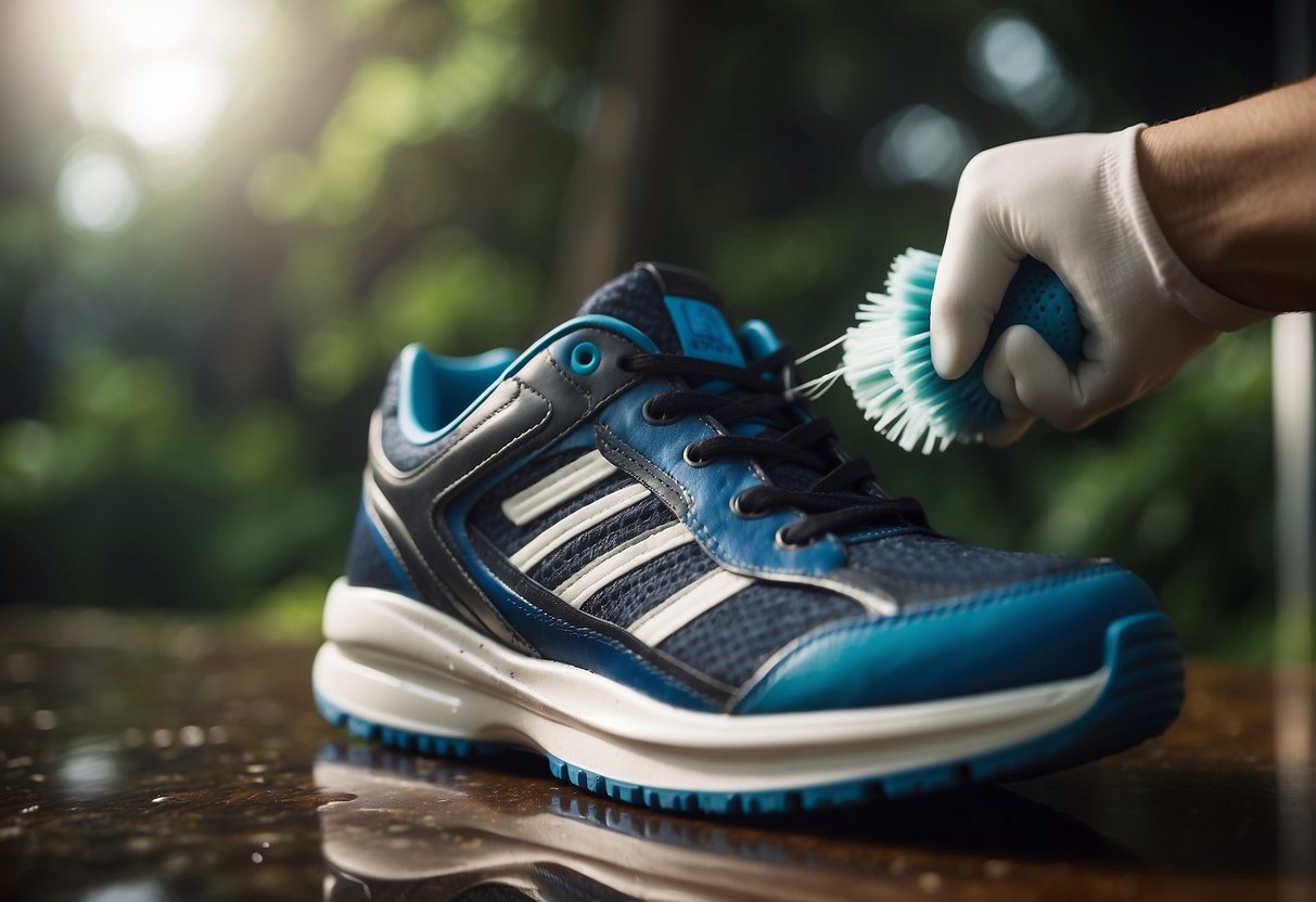 A pair of sports shoes being cleaned and maintained with a brush and
cleaning
solution