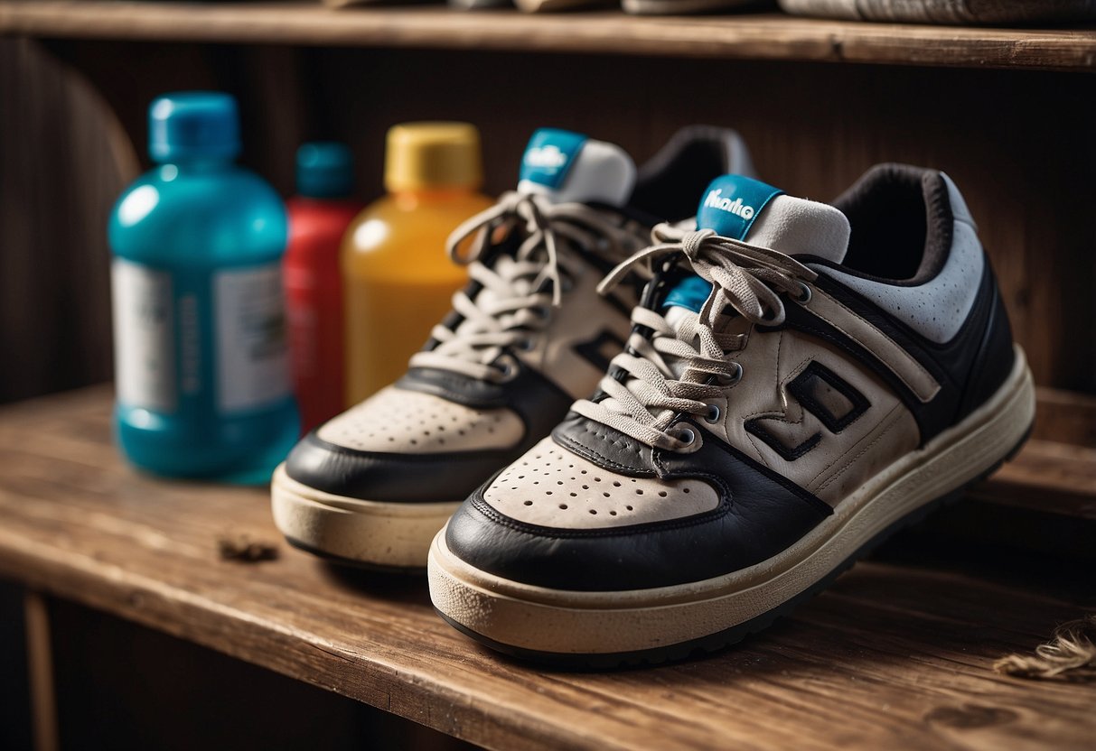 A pair of well-worn sports shoes sits on a wooden shoe rack,
surrounded by cleaning supplies and a brush. The shoes show signs of use
and dirt, indicating they are in need of care and
maintenance