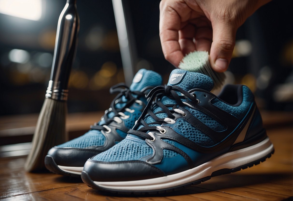 Sports shoes being cleaned and maintained, with a brush and cleaning
solution
nearby