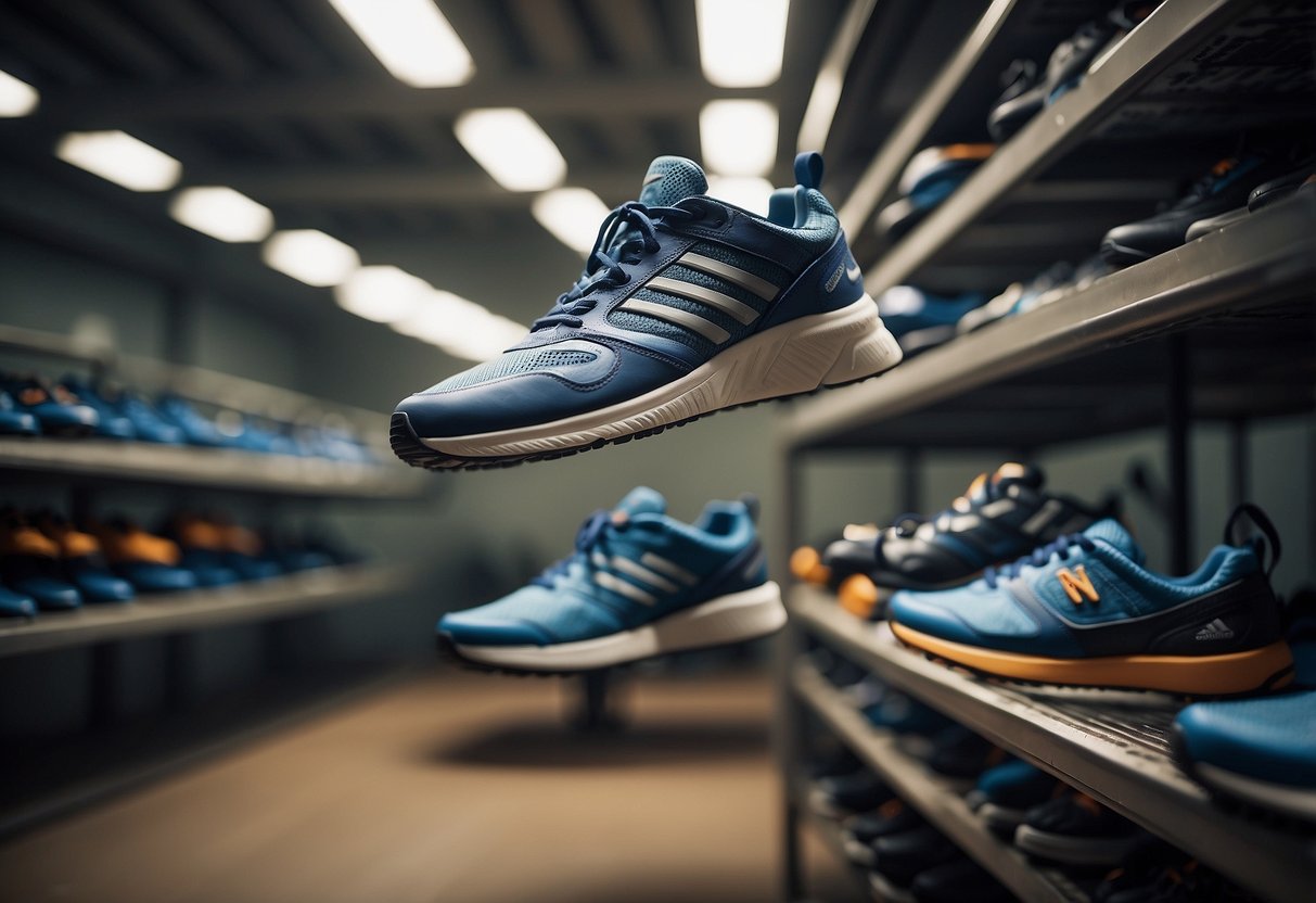 A pair of sports shoes is being dried and stored in a well-maintained
area, with care and maintenance equipment
nearby