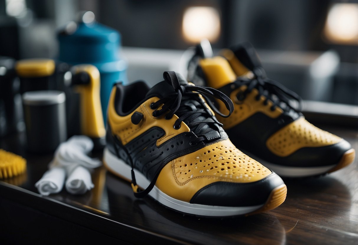 A pair of sports shoes being carefully cleaned and maintained, with a
brush and cleaning solution
nearby