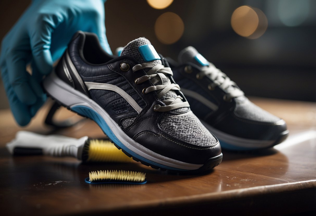 A pair of sports shoes being cleaned and maintained with a brush and
cleaning
solution