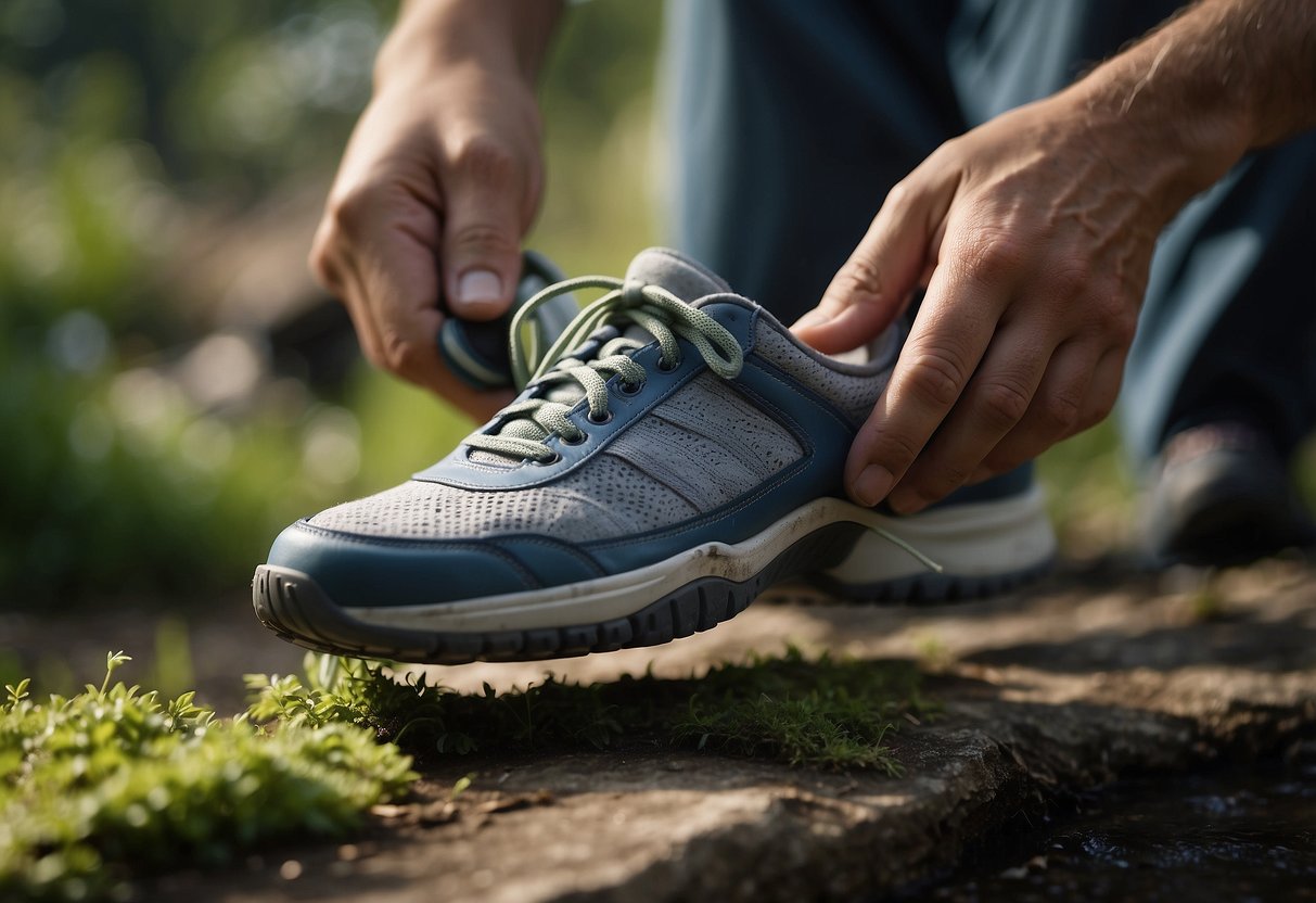 A pair of worn-out sports shoes being carefully cleaned and maintained
in an eco-friendly manner, with sustainable products and
tools