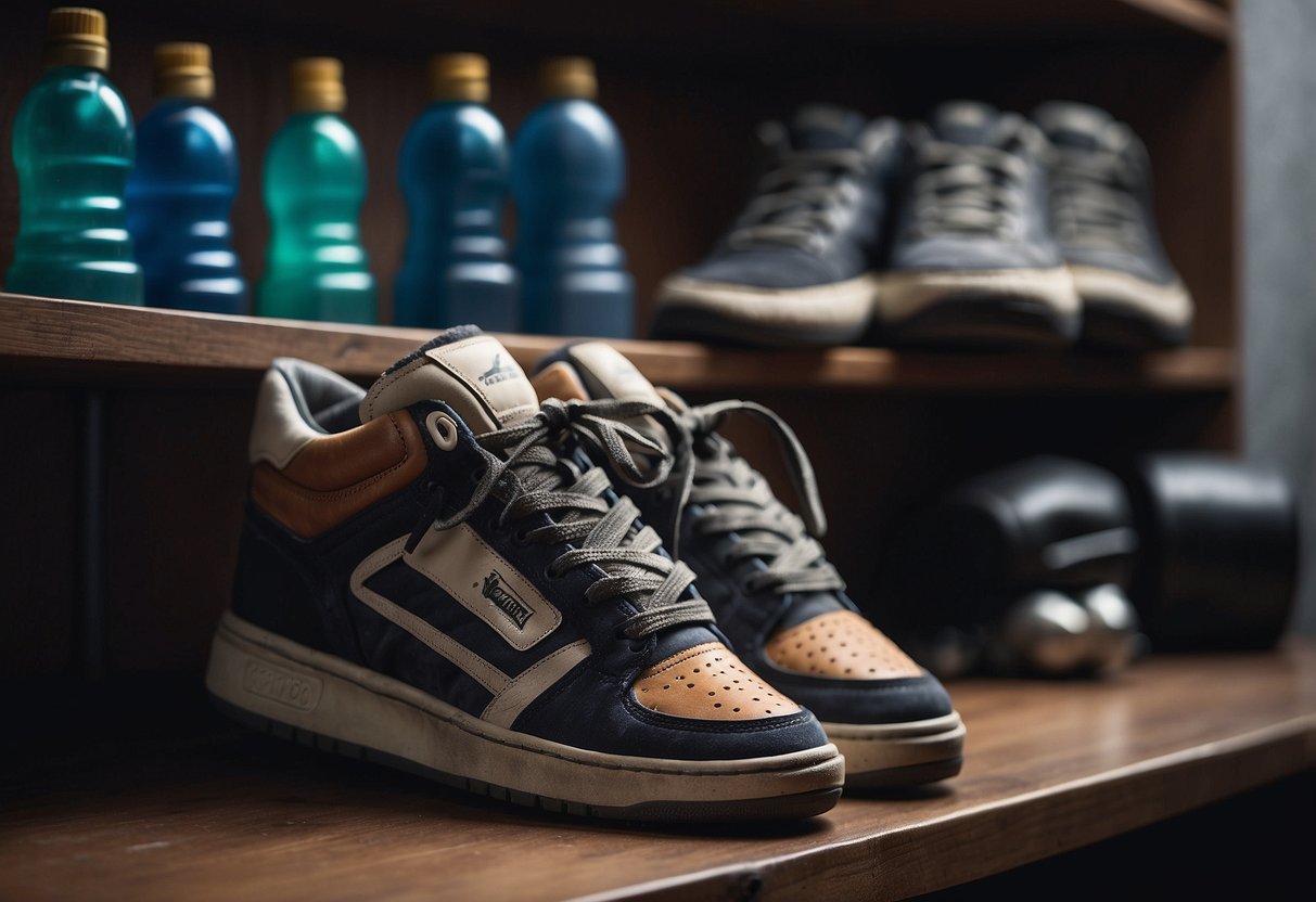 A pair of well-worn sports shoes sits on a clean, organized shelf. A
bottle of shoe cleaner and a brush are nearby, ready for
maintenance