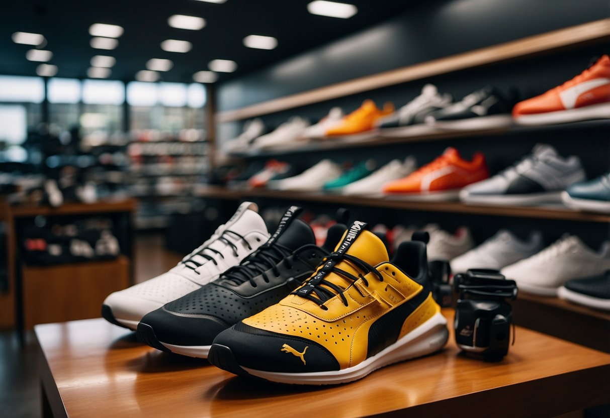 A sleek Puma Speedcat shoe, surrounded by other top sports brands,
displayed on a clean, modern shelf in a well-lit
store