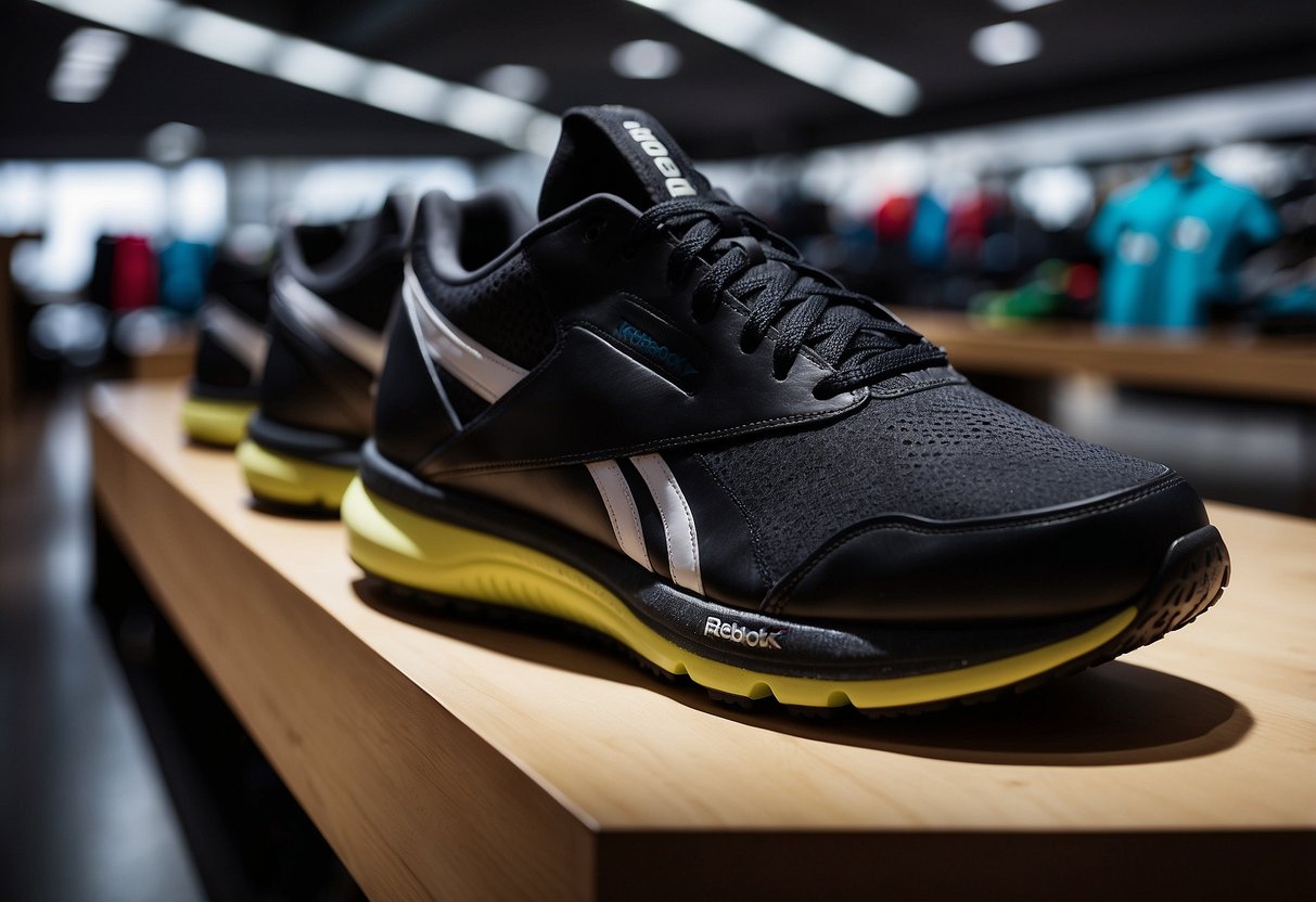 A pair of Reebok Nano Top 10 sports shoes displayed on a sleek, modern
shelf in a brightly lit store. The shoes are positioned next to other
top sports shoe brands, creating a competitive and dynamic
visual