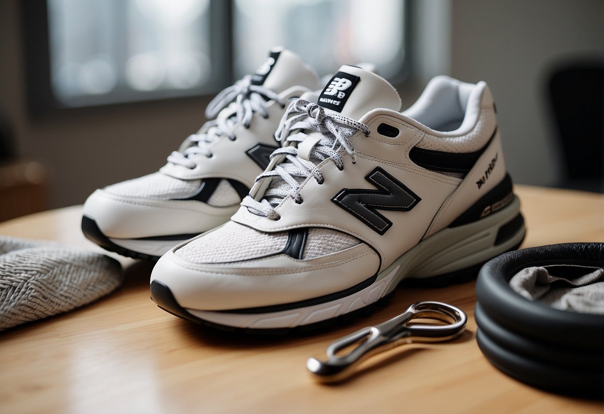 A pair of New Balance 990 sneakers sits on a clean, white surface,
with the iconic “N” logo prominently displayed on the side. The shoes
are surrounded by sports equipment and gear, hinting at their athletic
purpose