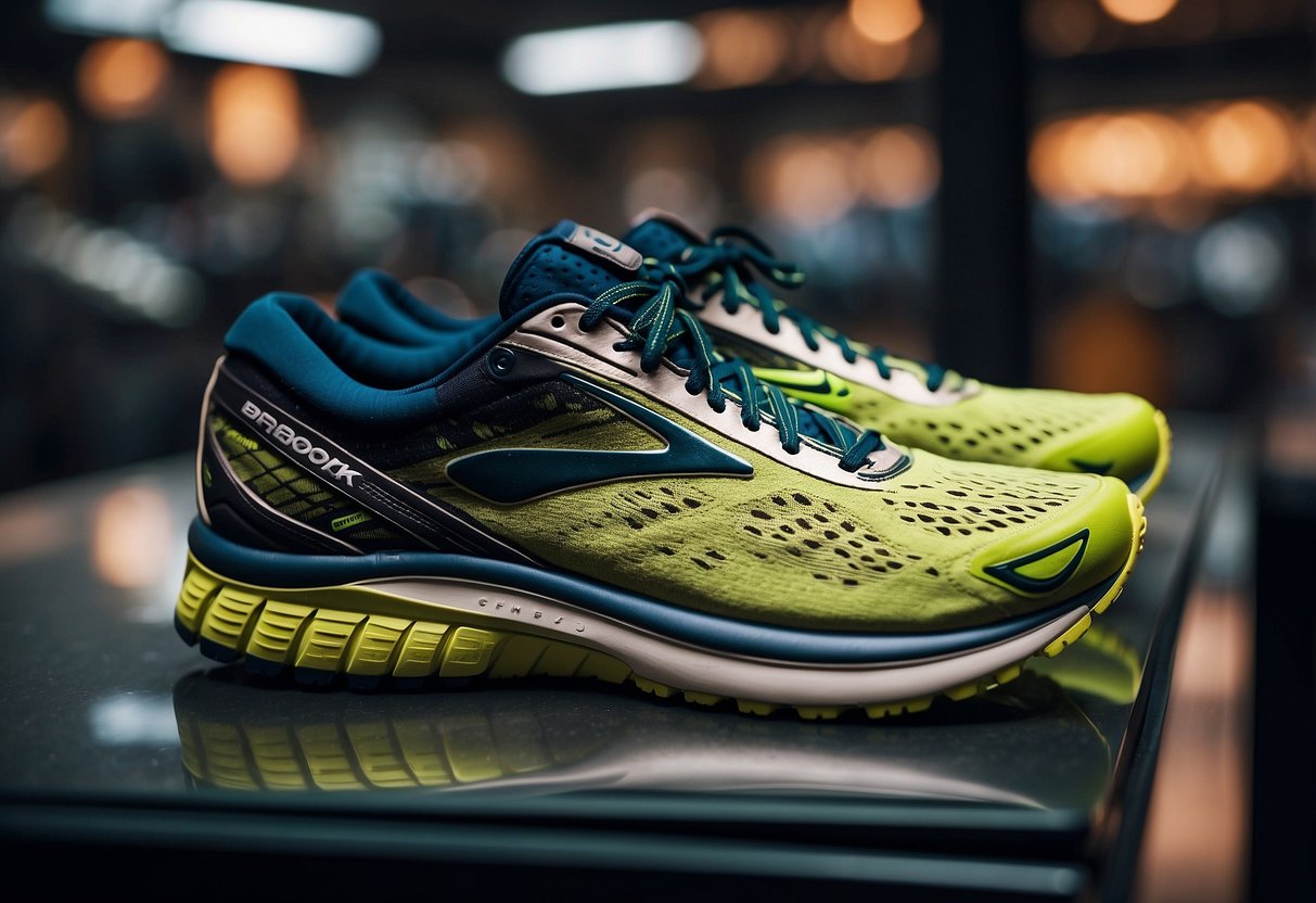 A pair of Brooks Ghost running shoes sits on a sleek display stand,
surrounded by other top sports shoe brands. The shoes are vibrant and
eye-catching, with the brand name clearly
visible