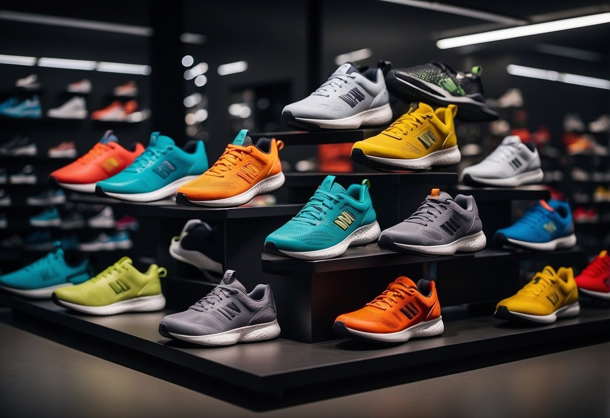 A display of the top 10 sports shoe brands, each with their logo and
unique design, showcased on a sleek, modern retail
shelf