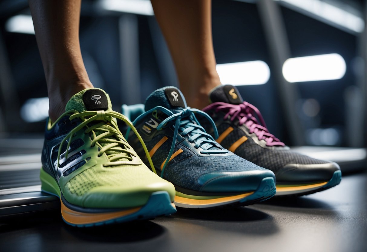 A side-by-side comparison of sports shoes with different cushioning
technologies. Each shoe is placed on a treadmill, with a digital display
showing impact
absorption