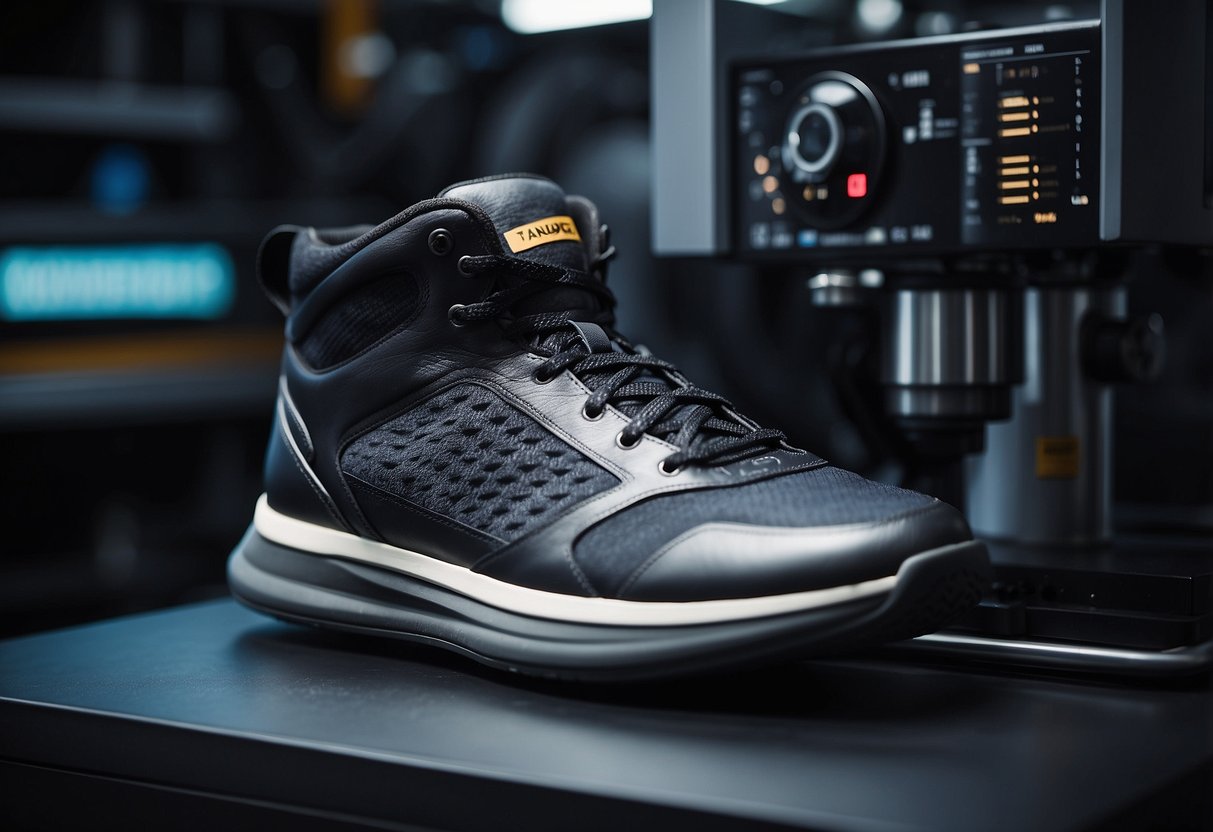 A sports shoe is placed on a testing machine, with instruments
measuring and comparing the damping technologies used in the
shoe