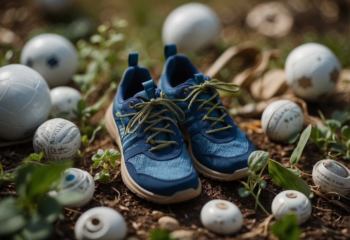 A pair of sustainable sports shoes surrounded by eco-friendly
materials and symbols of sustainability, such as recycling logos and
renewable energy
icons