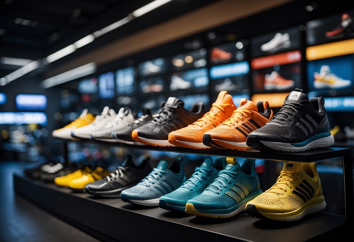 A display of various sports shoes with features highlighted, such as
cushioning, support, and
durability