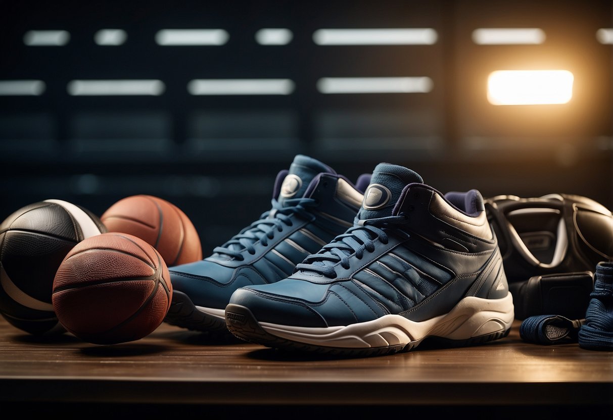 A pair of high-quality sports shoes surrounded by various athletic
gear and equipment, with a spotlight highlighting their
features