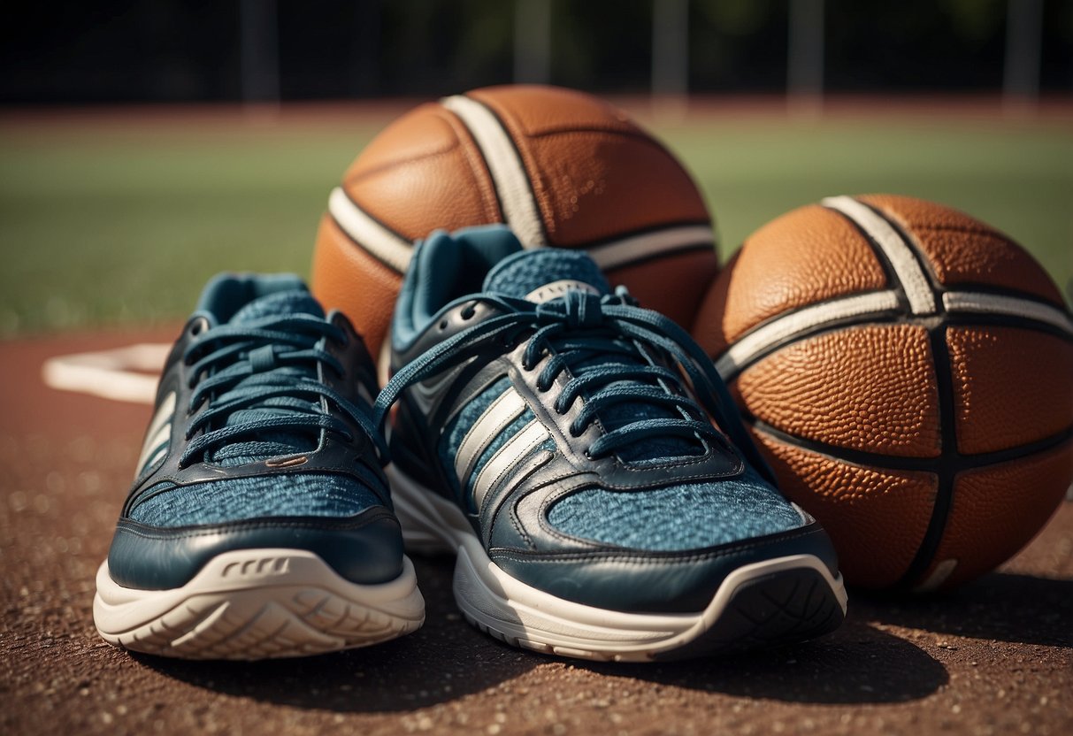 A pair of running shoes placed next to a basketball, soccer ball, and
tennis racket, highlighting the versatility of the shoes for different
sports