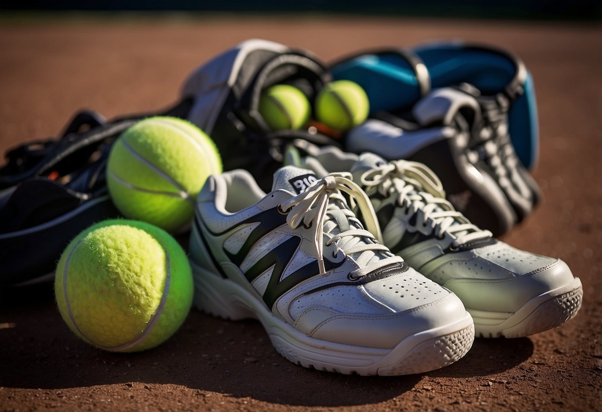 A pair of tennis shoes placed next to a variety of sports equipment,
indicating their versatility for different
sports