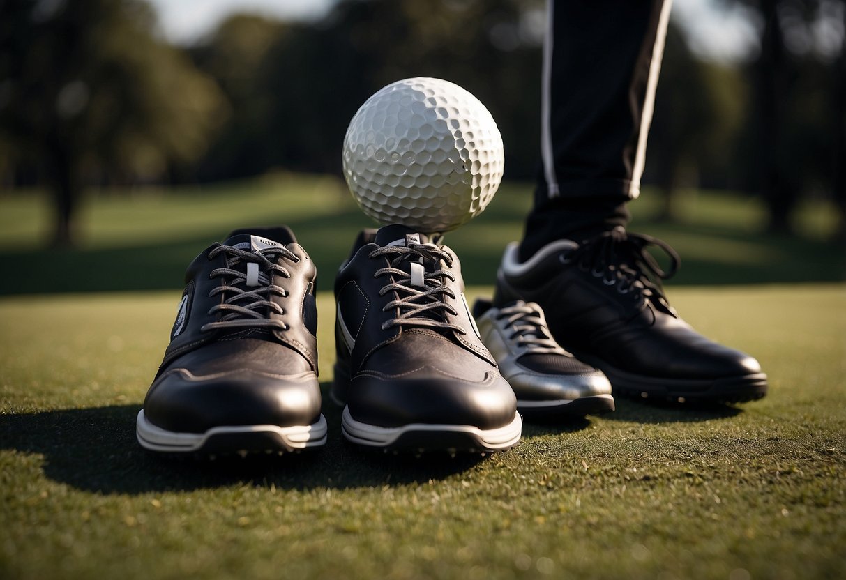 A pair of golf shoes placed next to other sports shoes, highlighting
the importance of choosing the right footwear for different
activities