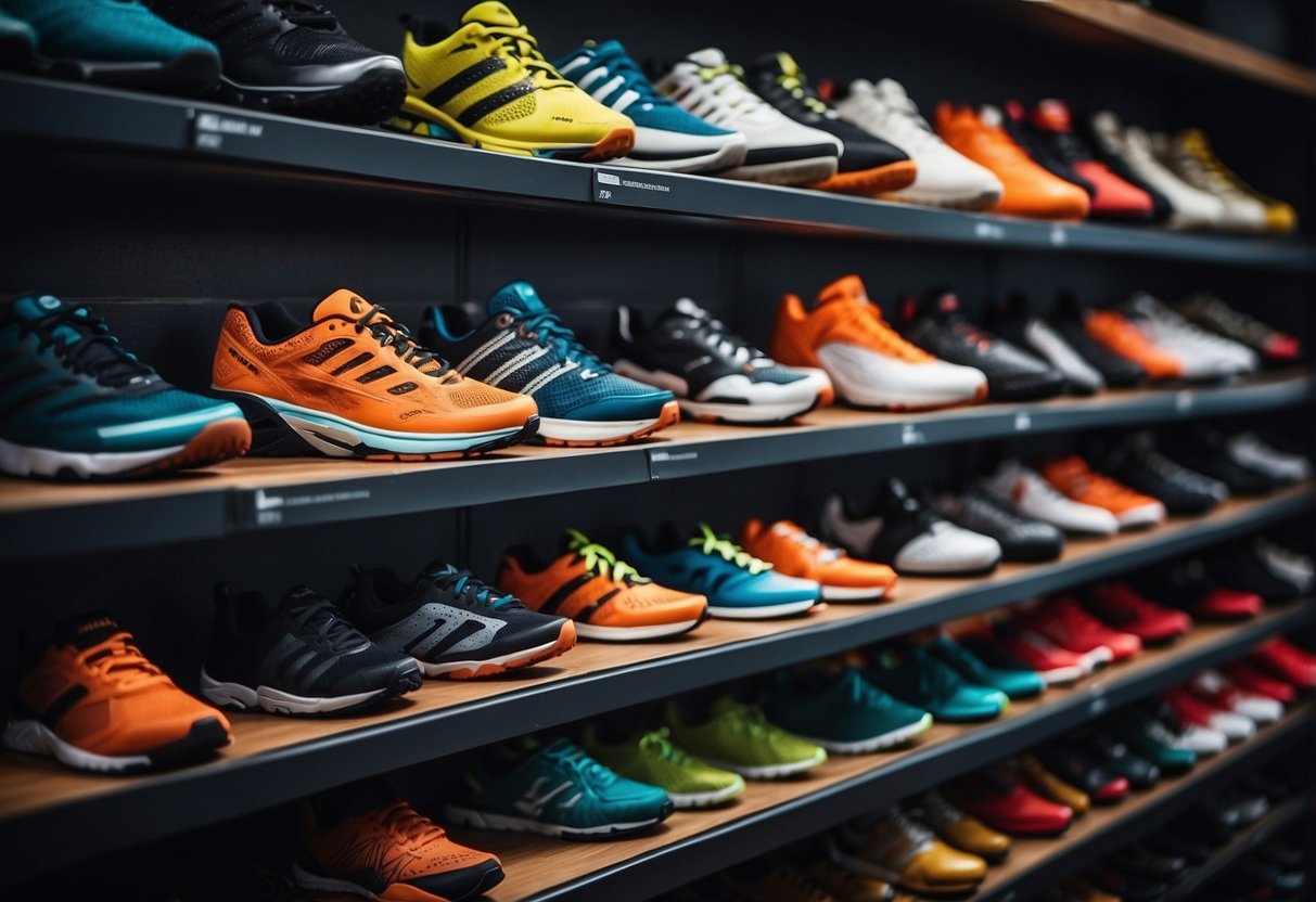 A collection of sports shoes displayed on shelves with labels for
different sports like running, basketball, and
soccer