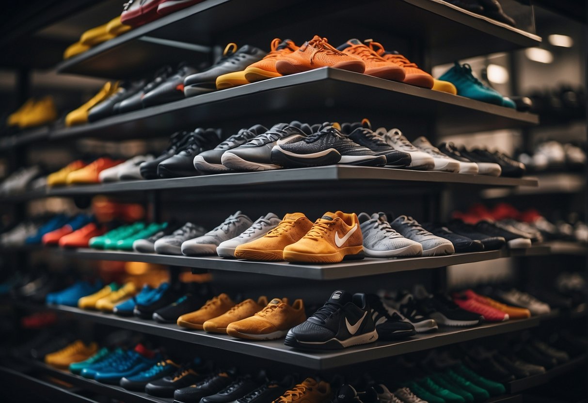 A collection of sports shoes arranged neatly on shelves, each pair
labeled with the specific sport it is best suited
for