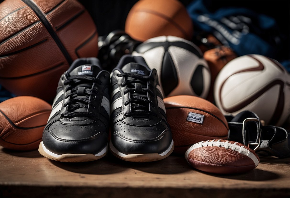 A pair of gymnastics shoes sits next to a variety of sports equipment,
including a basketball, soccer ball, and running
shoes