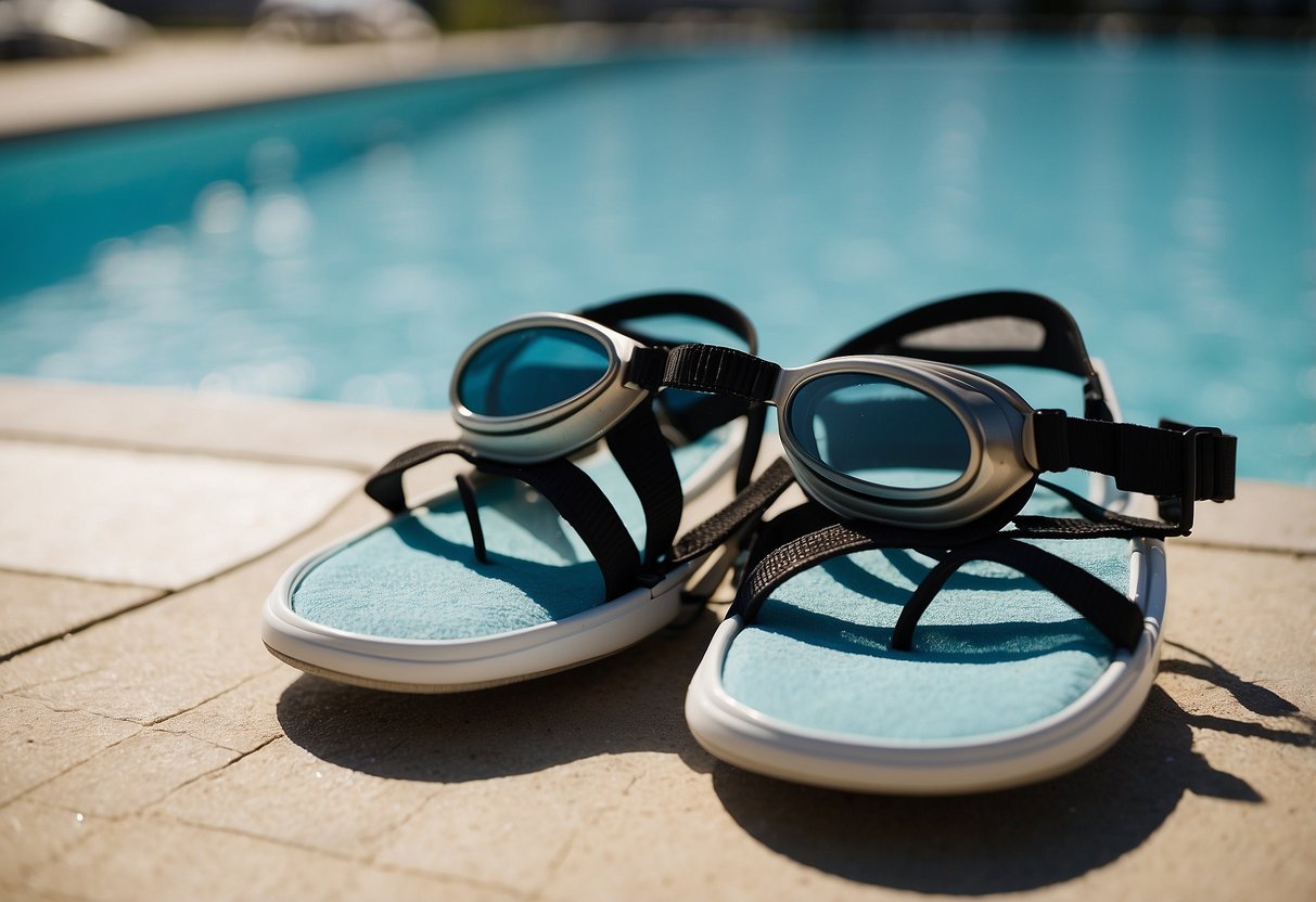 A pair of swim shoes lying next to a pool, with a pair of goggles and
a towel
nearby