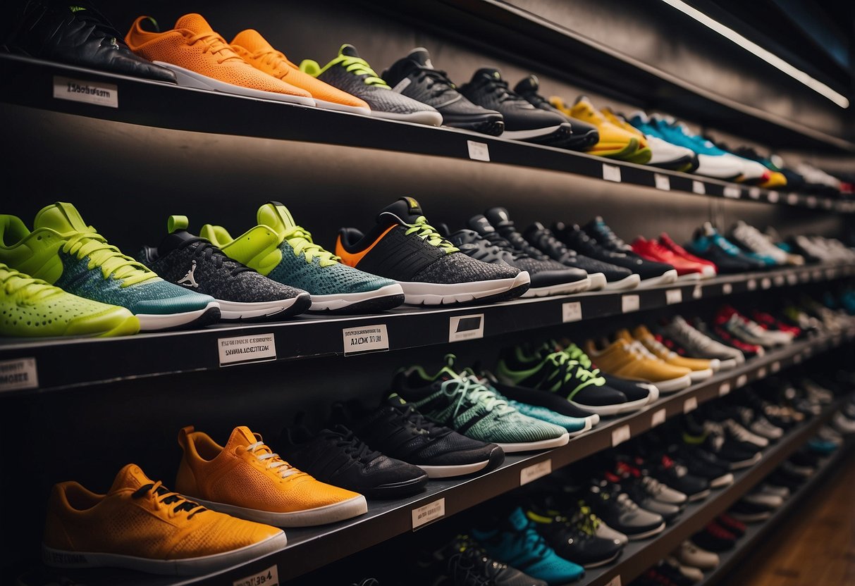 A collection of various sports shoes arranged neatly on shelves with
labels indicating their suitability for different
sports