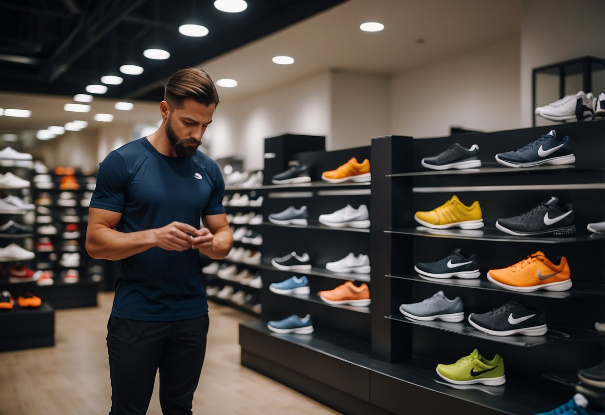 A person trying on different sports shoes, checking the fit and
comfort. Various shoe options displayed on shelves or
racks